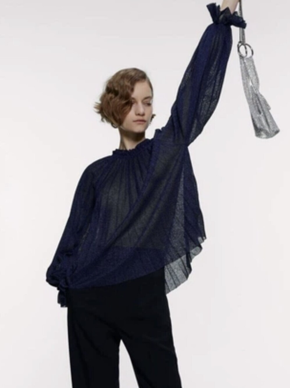 Zara Knit Navy Blue Pleated Bell Sleeve Ruffle High Neck Sheer Blouse Size L